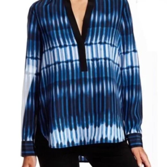 Vince Tops - Vince 100% Silk Blue Tie Dye Blouse Long Sleeve Split Neck Top Womens M